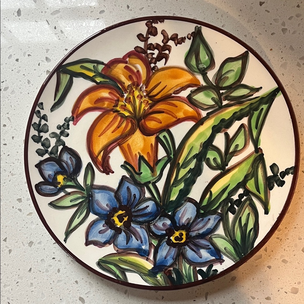 Floral Ceramic Plate with Orange and Blue Design
